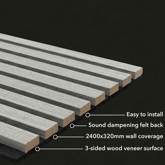 Panel Haus Premium 3-sided Wood Veneer Grey Oak Acoustic Slat Wall Panel - 240cm x 32cm (2 pack)